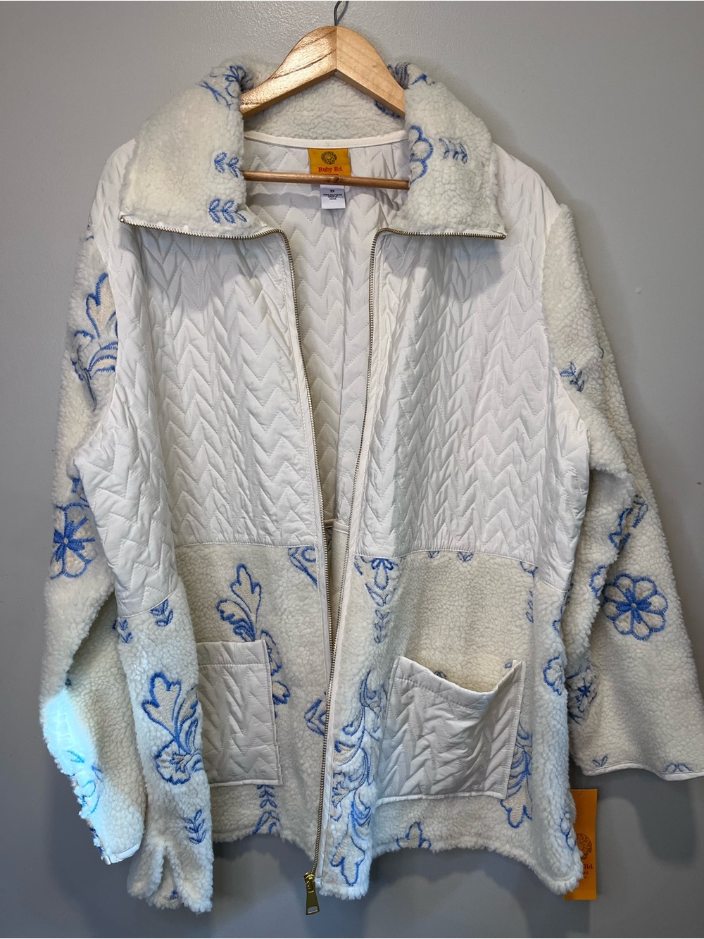 Ruby Rd. White Sherpa Jacket with Blue Floral Embroidery